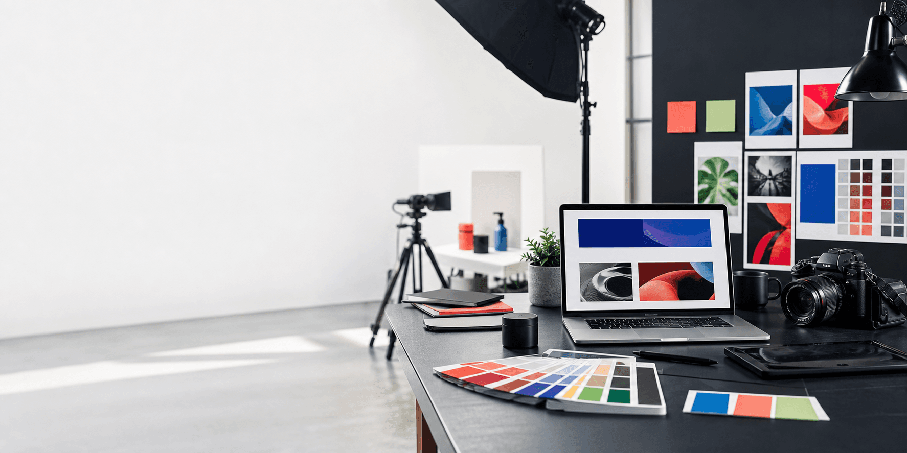 Estudio creativo con cámara, laptop, muestras de color y equipo de producción